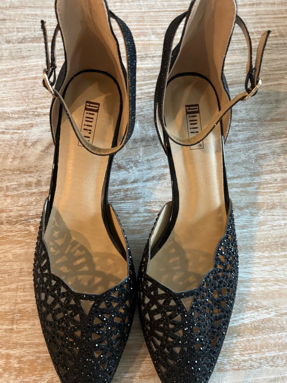 IDIFU Black Glitter IN2 Candice Cutout Ankle-Strap Kitten Heels with Pearl Heel